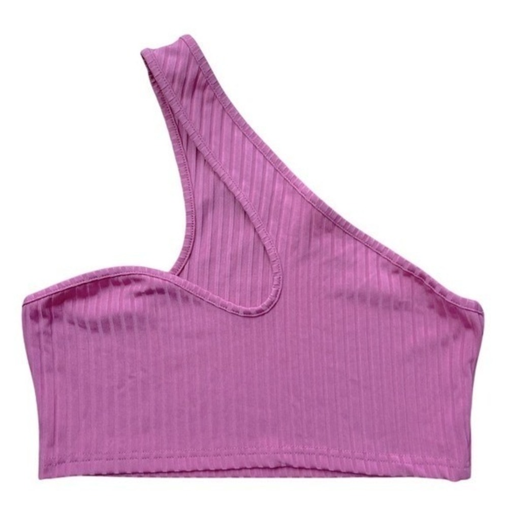 Womens One Shoulder Ribbed Crop Top Pink Size L Polyester Elastane